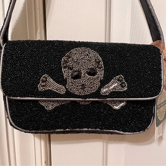 NWT Hand-Beaded Skull & Bones Purse Bag by From India To You, Black/Silver - Picture 6 of 17
